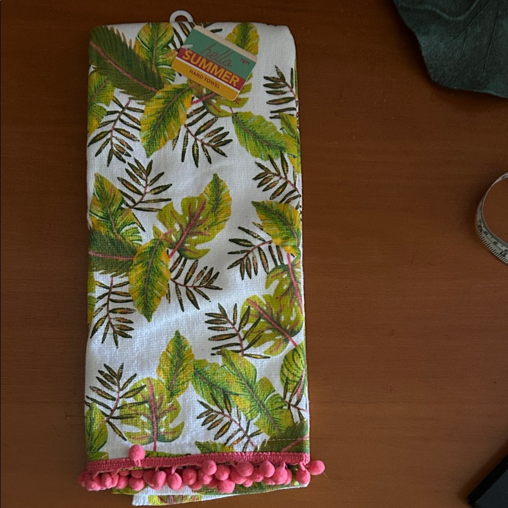 Tropical Leaf Print Kitchen Towel with Pink Trim